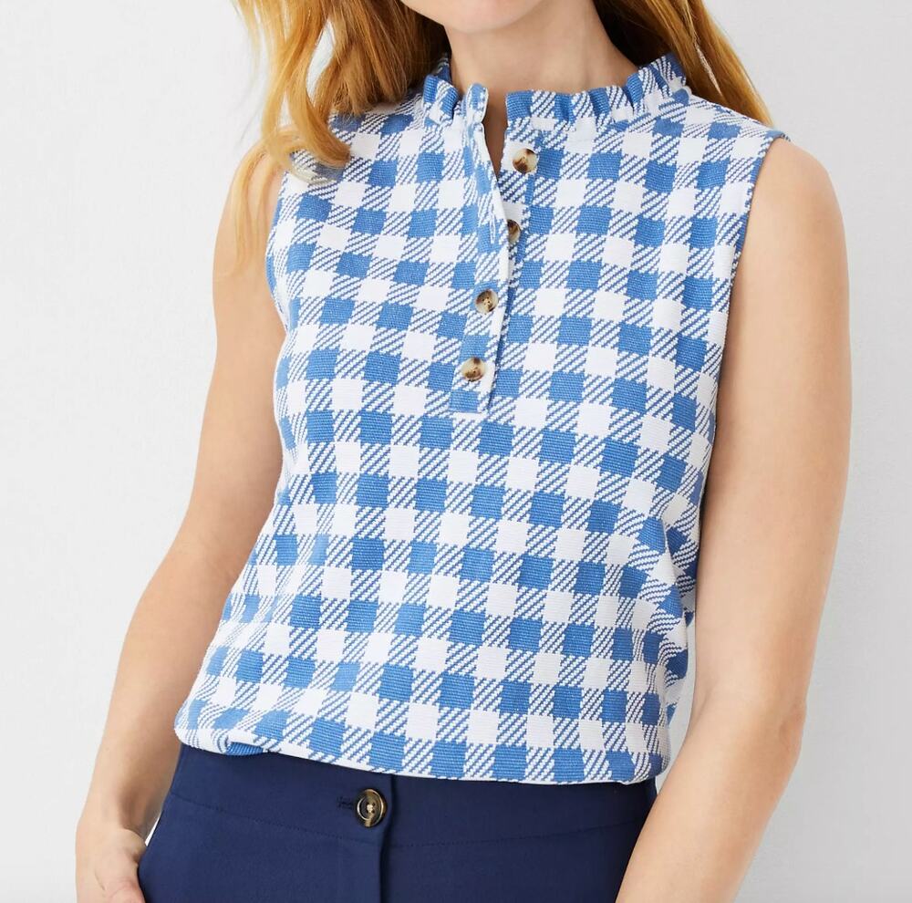Ann Taylor Plaid Ruffle Neck Button Shell Top White Blue Checkered Sz M